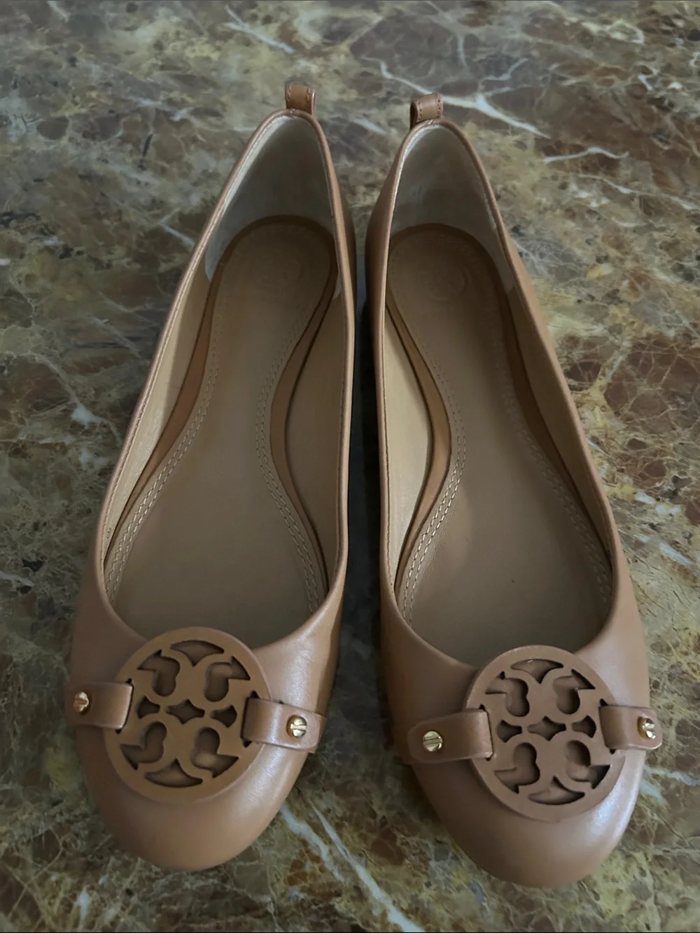 Tory Burch Tan Leather Logo Ballet Flats